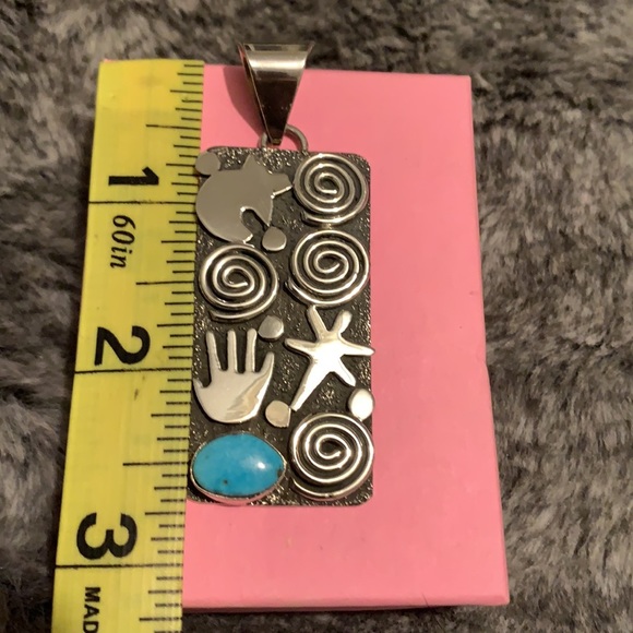 Navajo Silversmith Alex Sanchez Pendant Sterling Silver w/Turquoise Stone - Picture 2 of 3